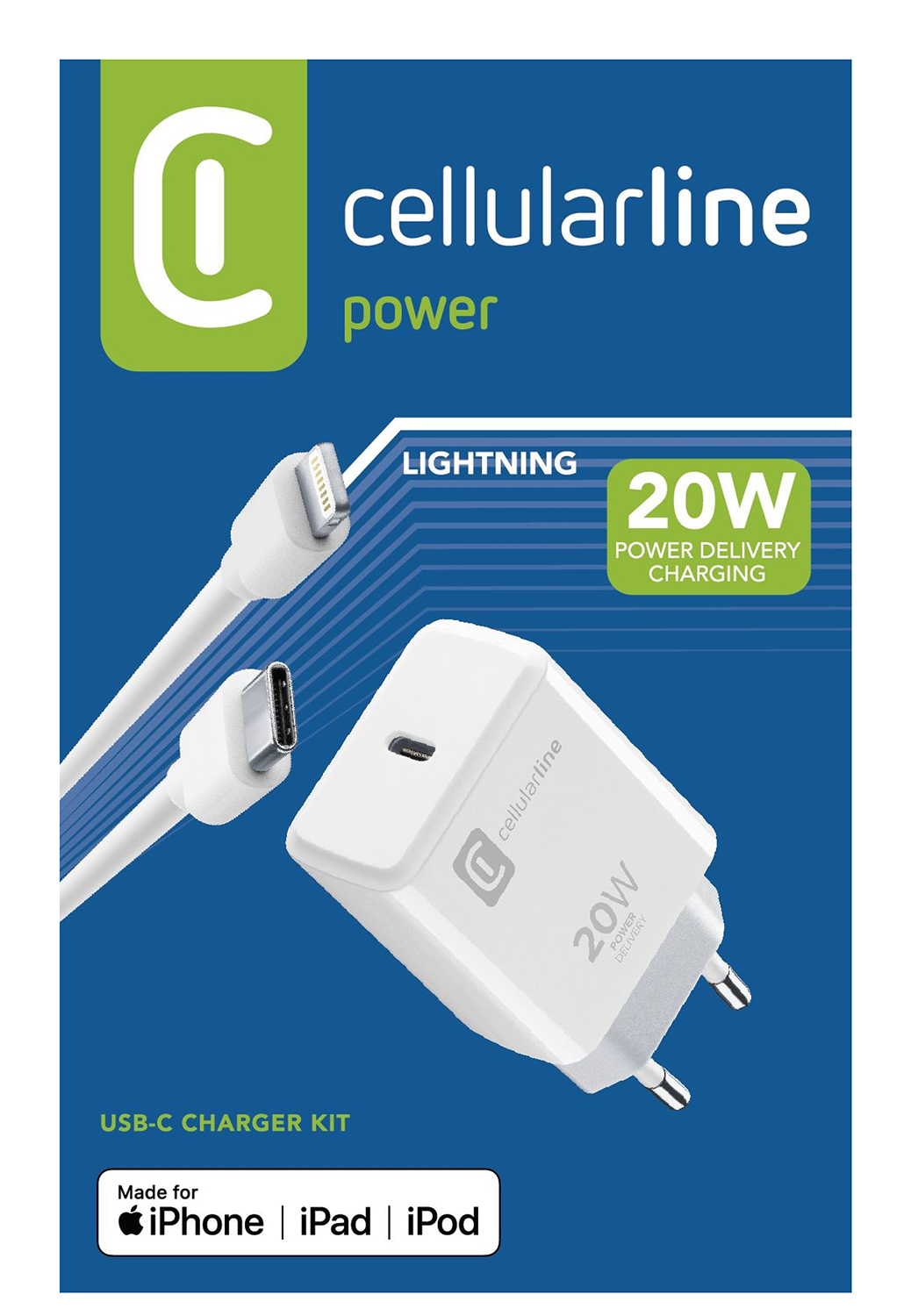 Kit de cargador Cellularline. Incluye un cargador blanco y cables. Texto: Carga de suministro de energía de 20 W.