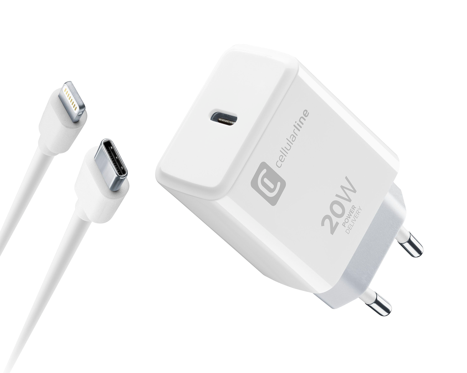 Cargador blanco de 20W con dos cables blancos, uno USB-C y uno Lightning.