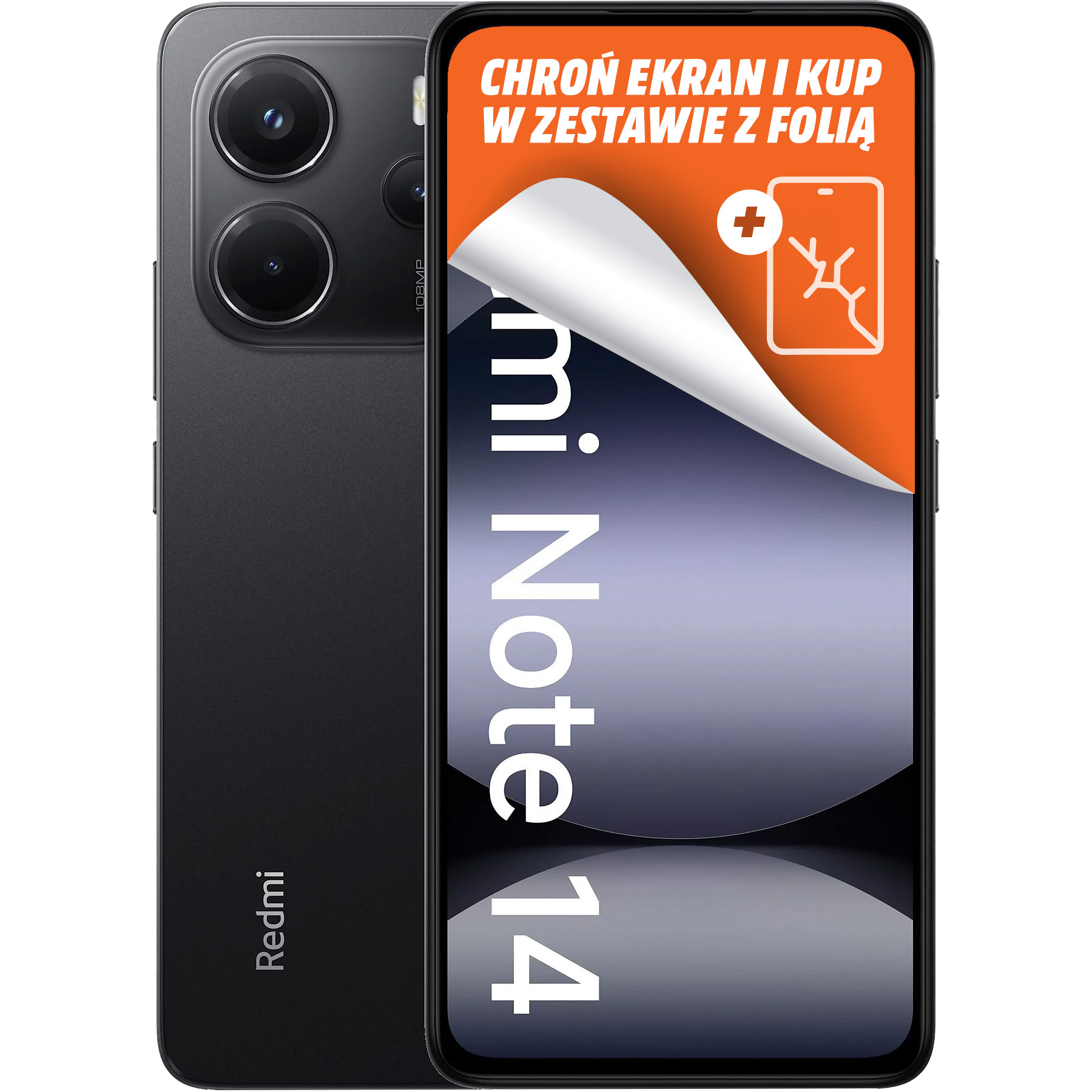 Czarny telefon Redmi Mi Note 14 z częściowo odklejoną folią ochronną, pokazującą tekst i ikonę pękniętego ekranu.