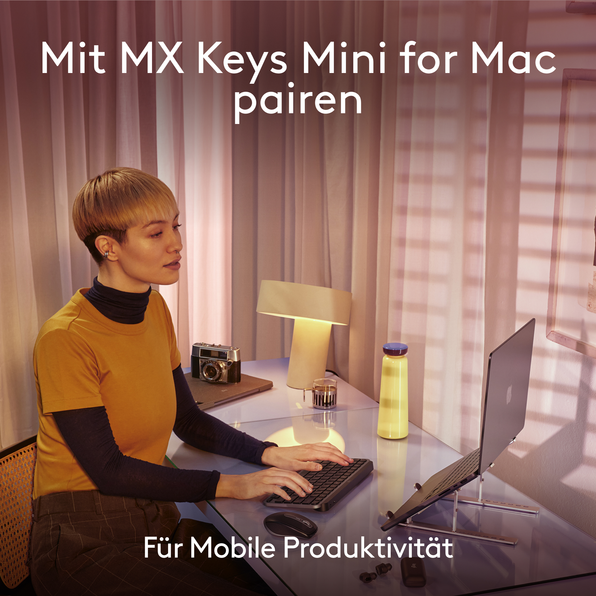 Frau benutzt Tastatur und Maus, Laptop auf Ständer, Lampe und Kamera.