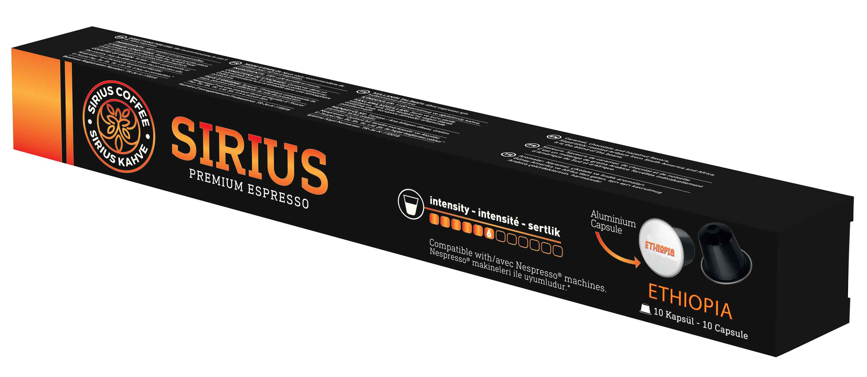 Siyah ve turuncu bir kutuda Sirius Coffee espresso kapsülleri. 'Ethiopia' etiketli kapsüller görünür.
