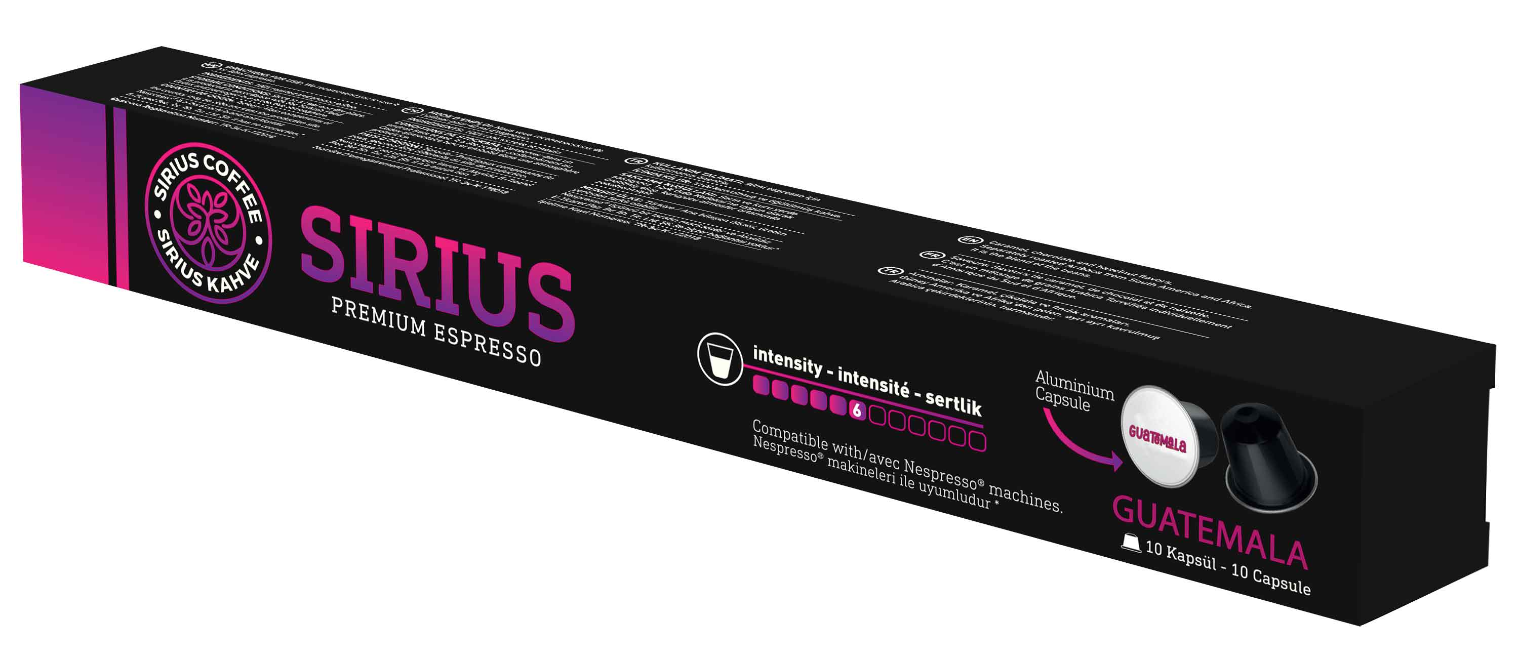 SIRIUS marka adı, Guatemala kapsülleri ve talimatları içeren bir kahve kapsül kutusu.