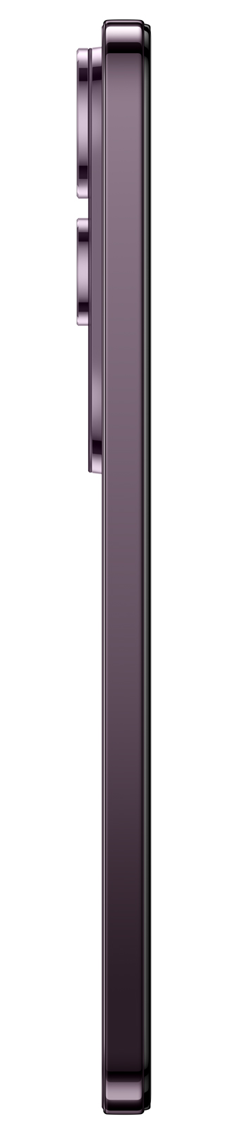 Egy lila telefon oldalsó nézete, kamerákkal és elegáns dizájnnal.