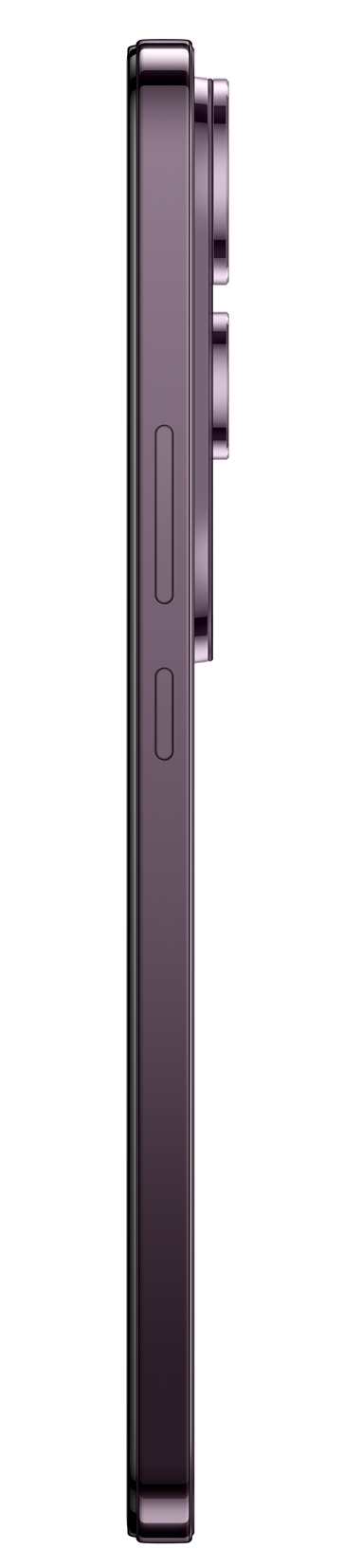 Egy lila telefon oldala, a hangerőgombok és a kamera kiemelkedése látható.