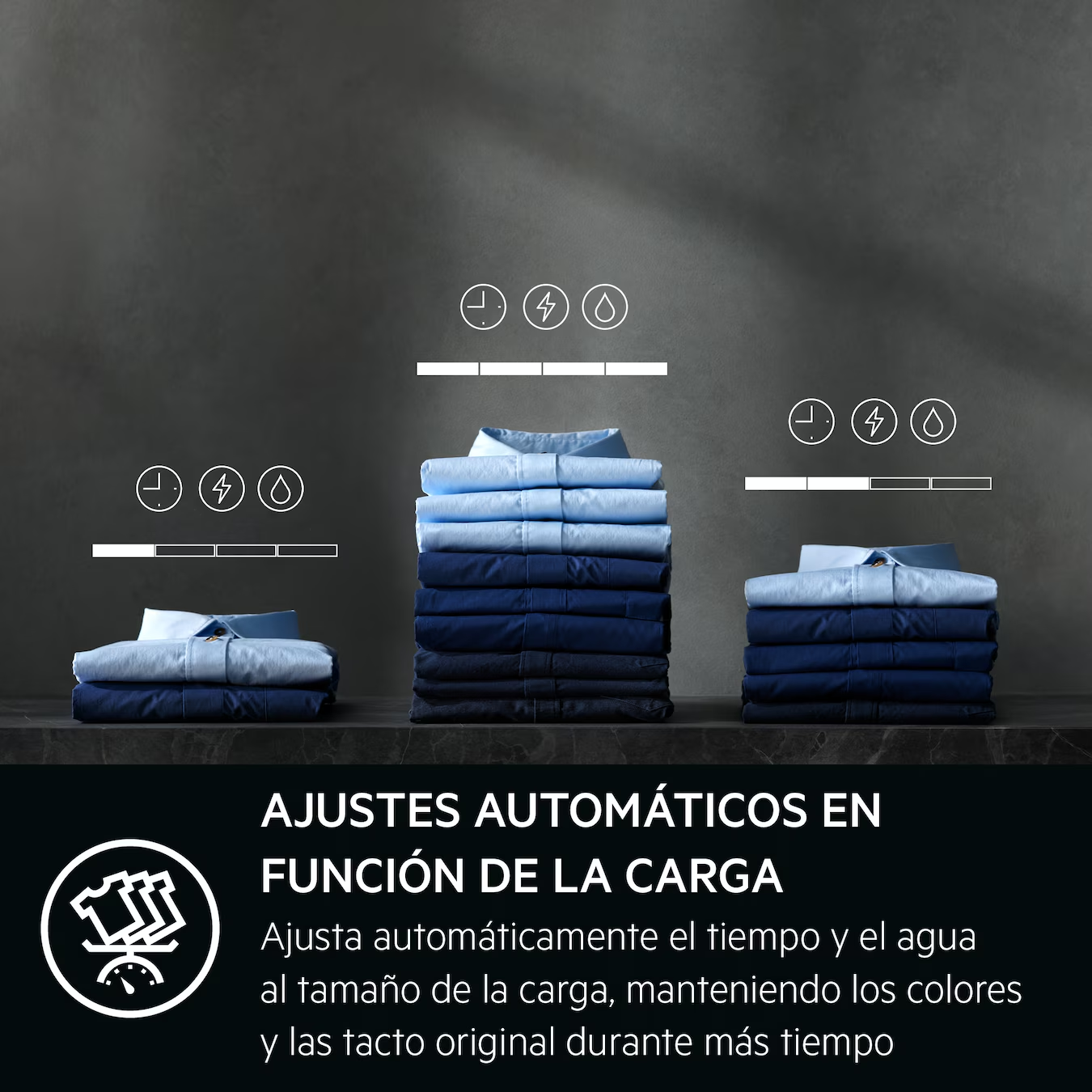 Camisas apiladas, con iconos de agua y tiempo.