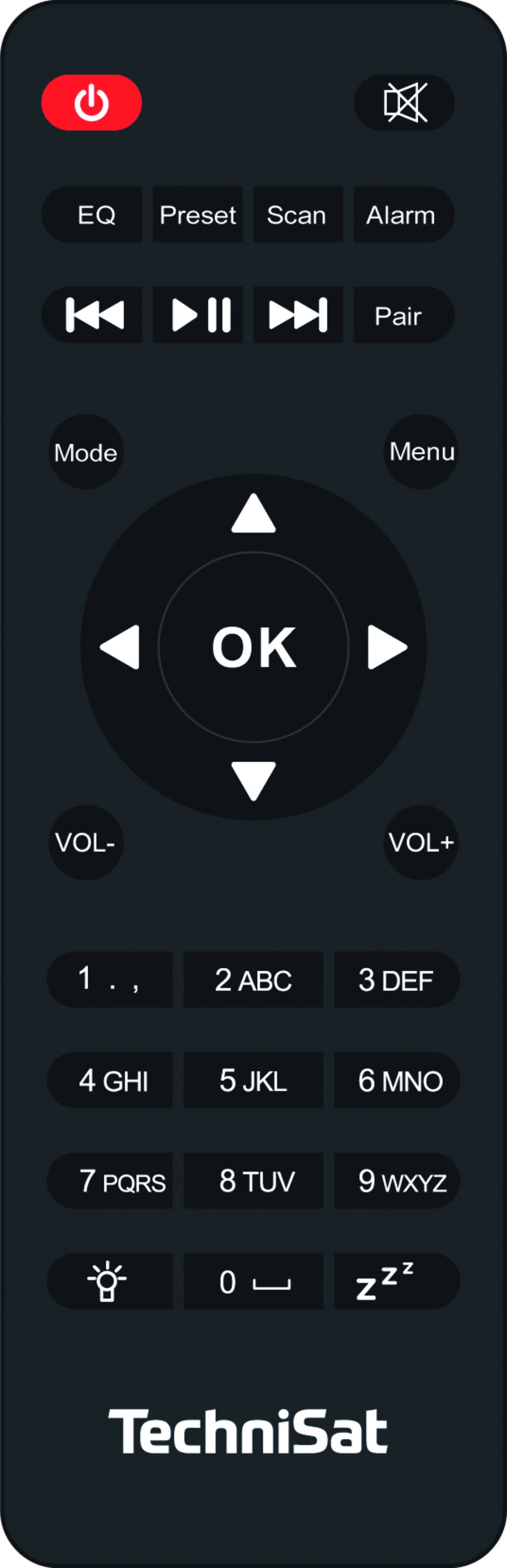Pilot TechniSat z przyciskami, w tym przyciskiem zasilania i wyciszania.