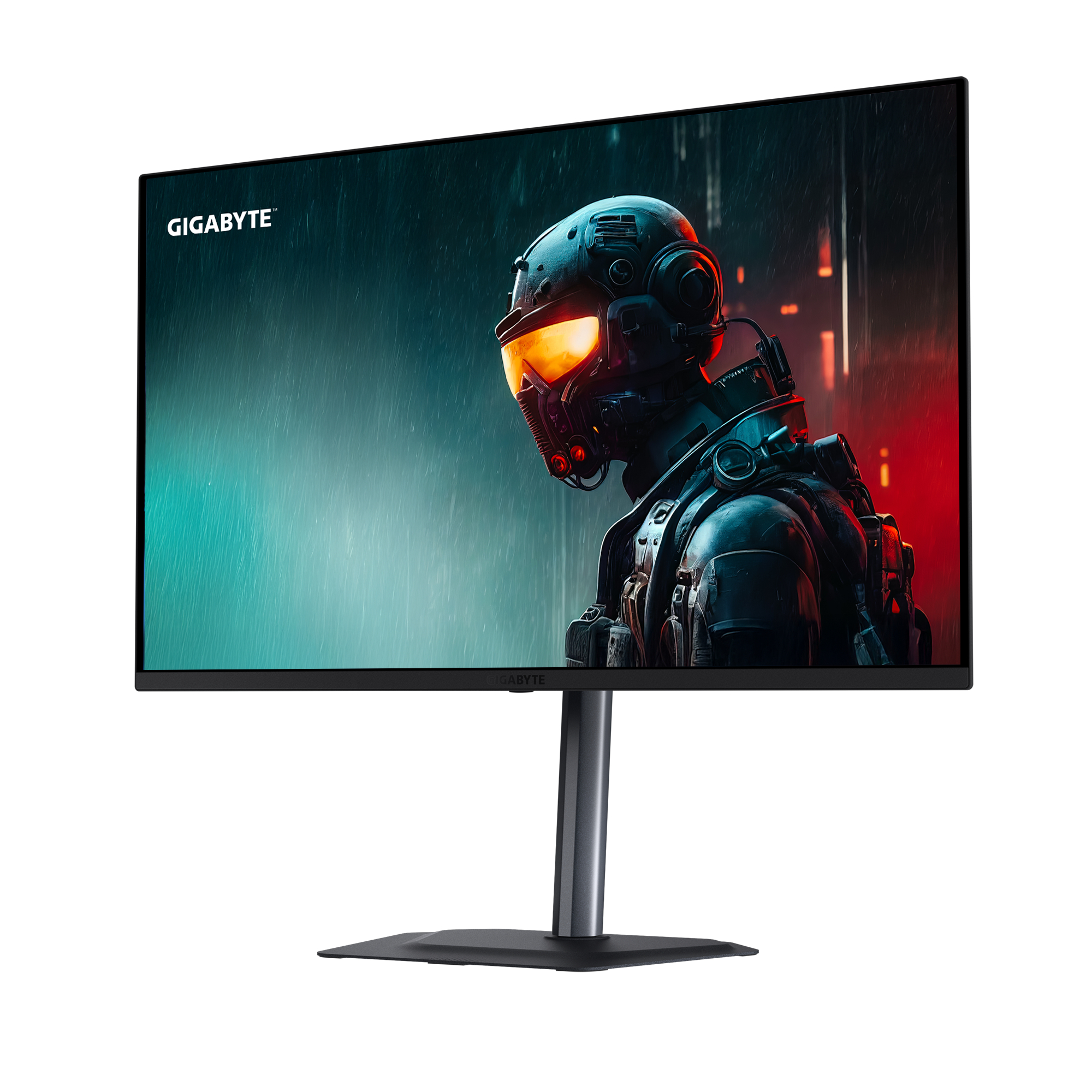 Ein Gigabyte-Monitor zeigt ein futuristisches Bild eines Soldaten mit Helm in einem Regensturm.
