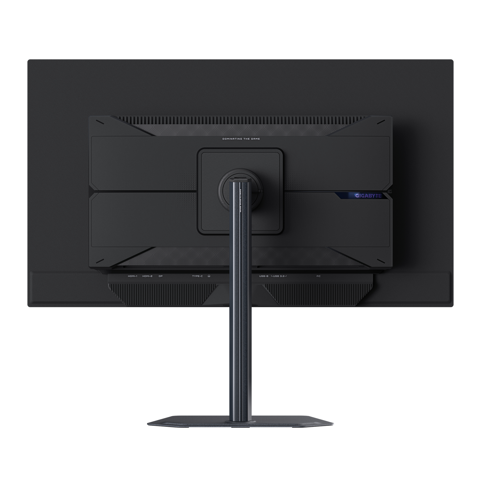 Rückseite eines schwarzen Computermonitors. Gigabyte-Logo, verschiedene Anschlüsse und Lüftungsschlitze.