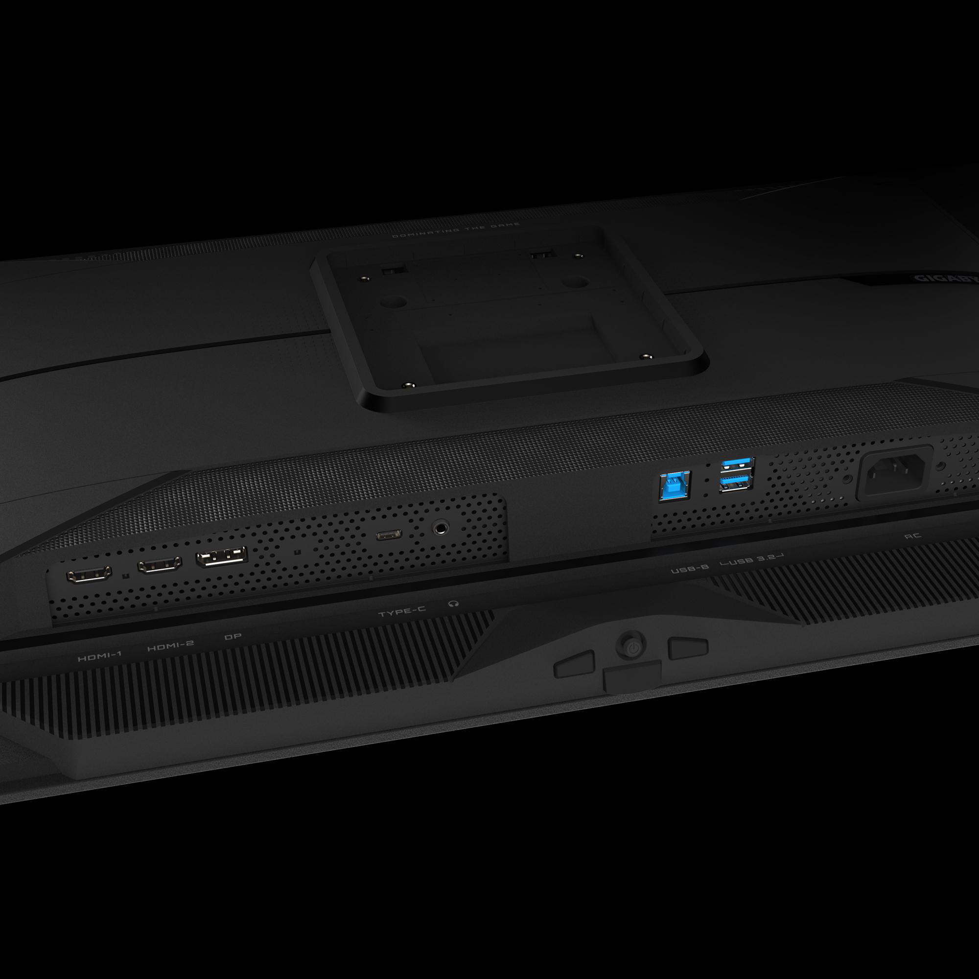 Die Rückseite eines schwarzen Computermonitors mit Anschlüssen für HDMI, USB und andere.