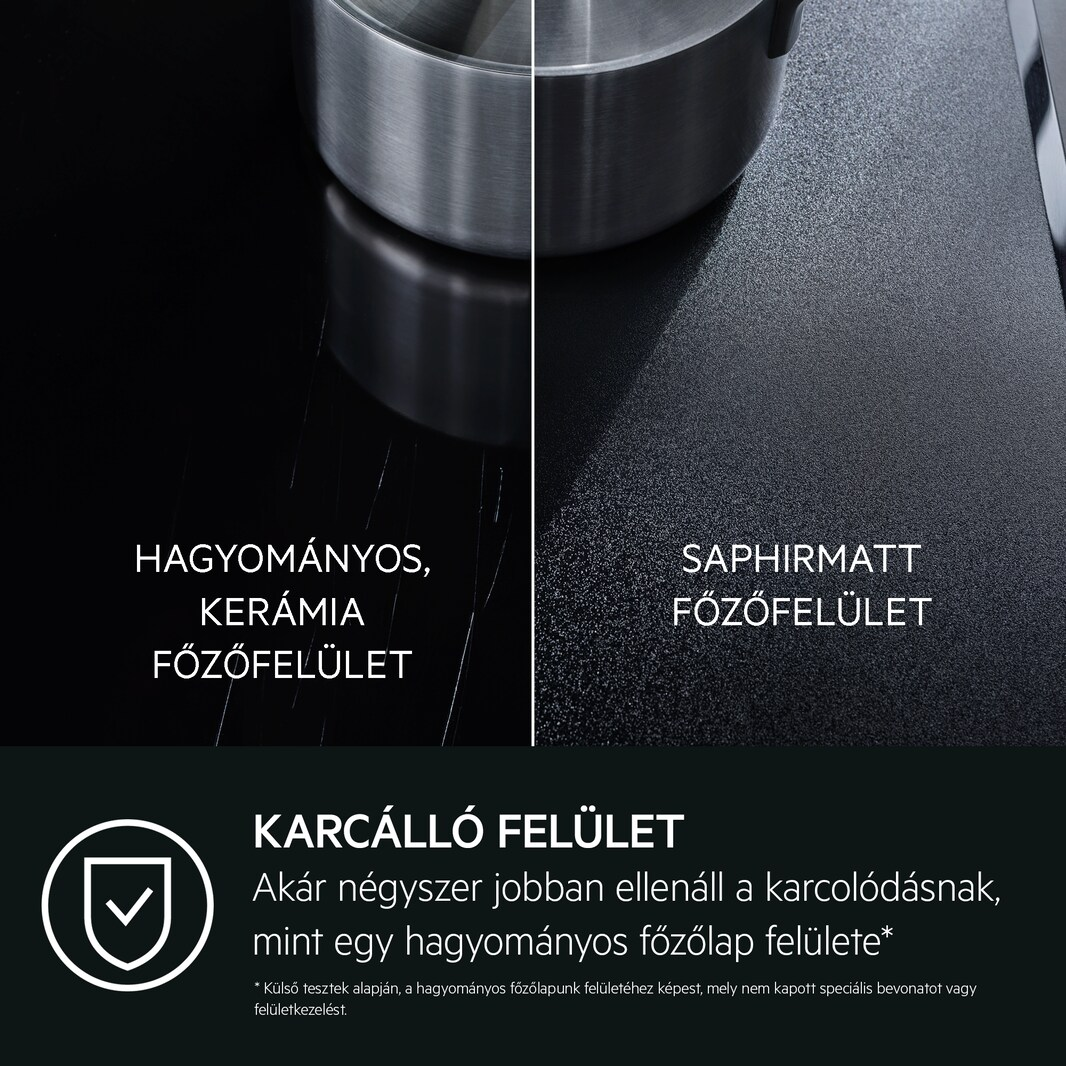 Fekete főzőlap szöveggel, amely összehasonlítja a kerámia és zafír felületeket.
