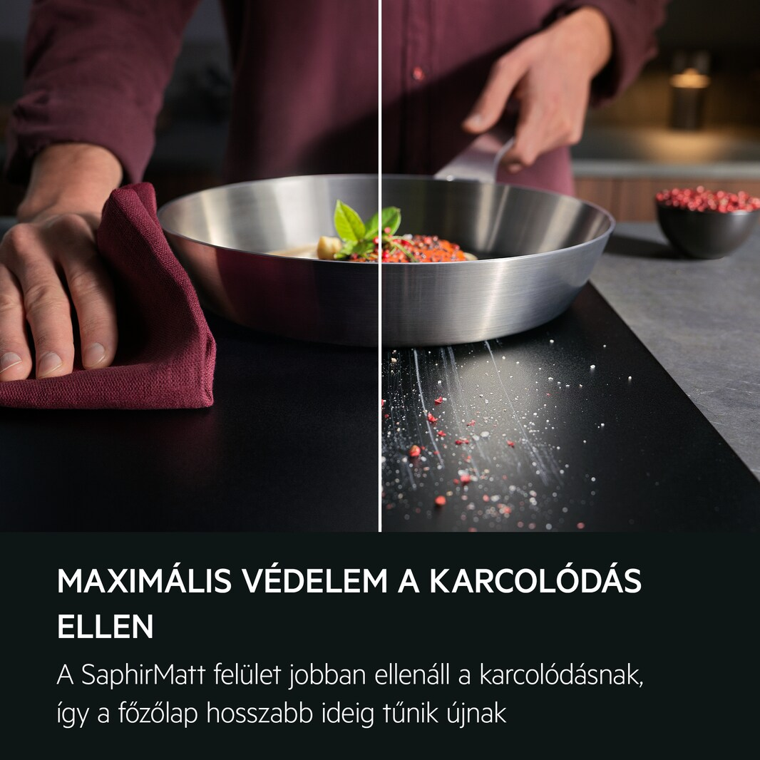 Főzőlap tisztítása. Szöveg: 'Maximális karcvédelem'. Tiszta és karcos főzőlapot mutat.