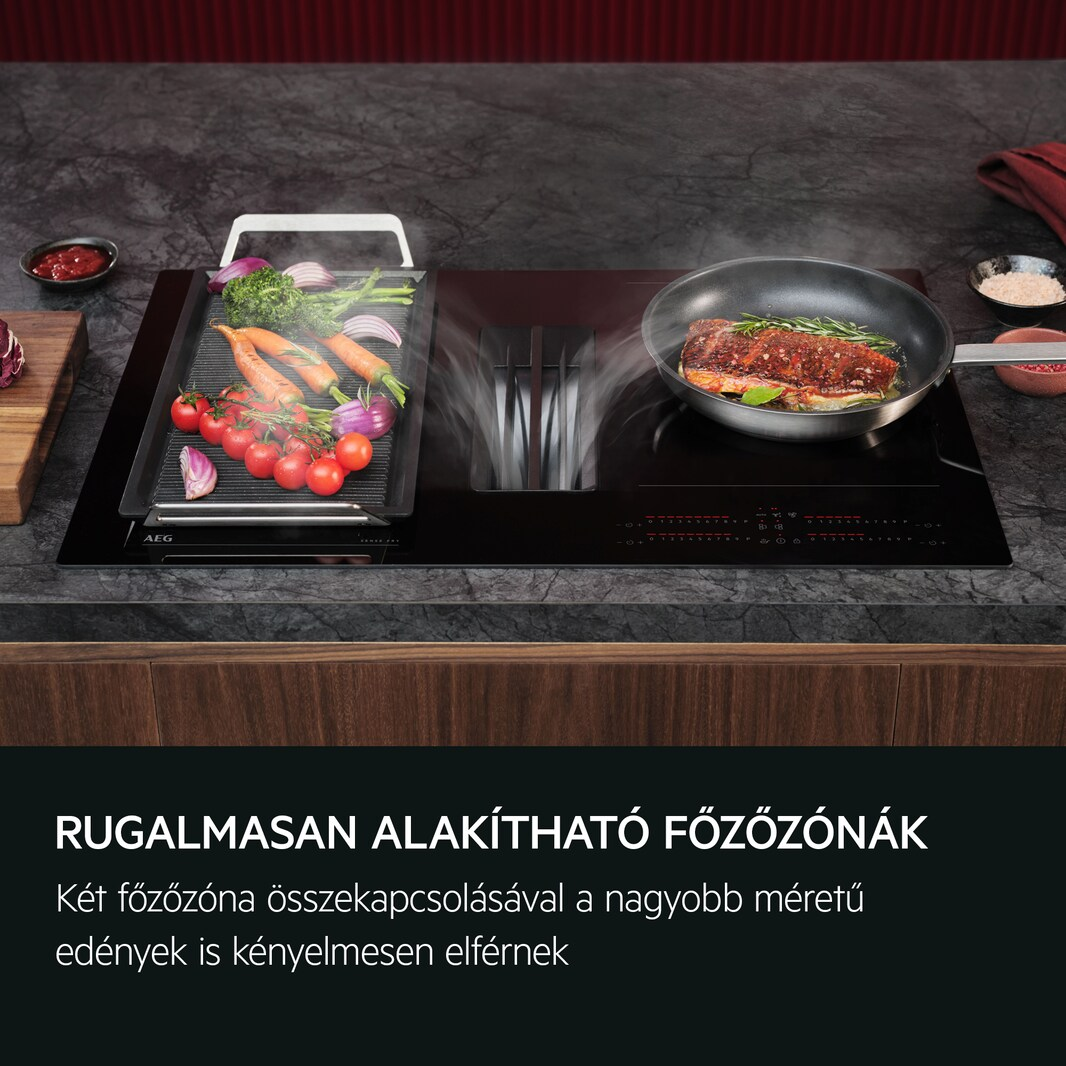 Egy konyhai főzőlap, amin étel sül, füst és szöveg.