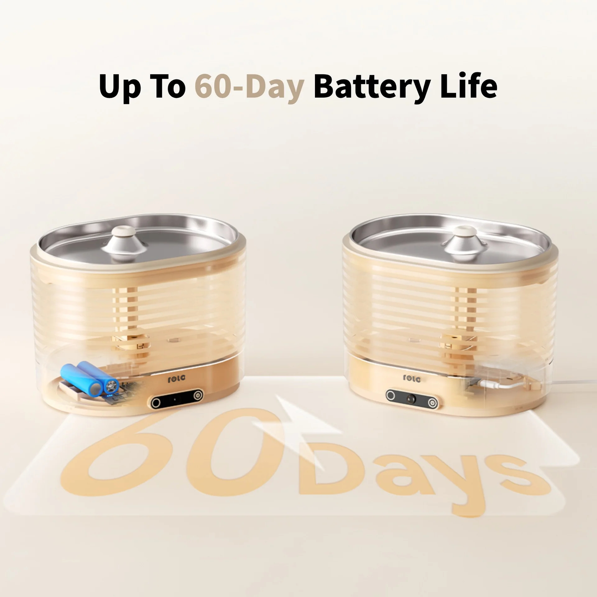 Dwa przezroczyste, cylindryczne urządzenia z niebieskimi bateriami w środku. Mają tekst 'fota' i '60 Days' poniżej.