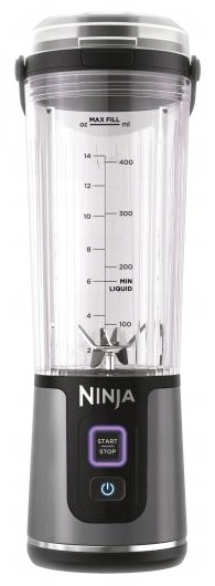 Czarny i srebrny blender Ninja z przezroczystym pojemnikiem i przyciskiem start.