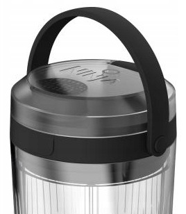 Zbliżenie czarnego głośnika przenośnego z uchwytem, widok z góry, z przezroczystym korpusem.