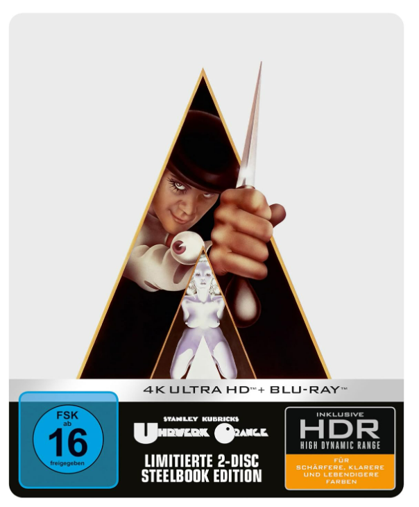 Ein Clockwork Orange Blu-ray-Cover mit einem zentralen Bild einer Figur.