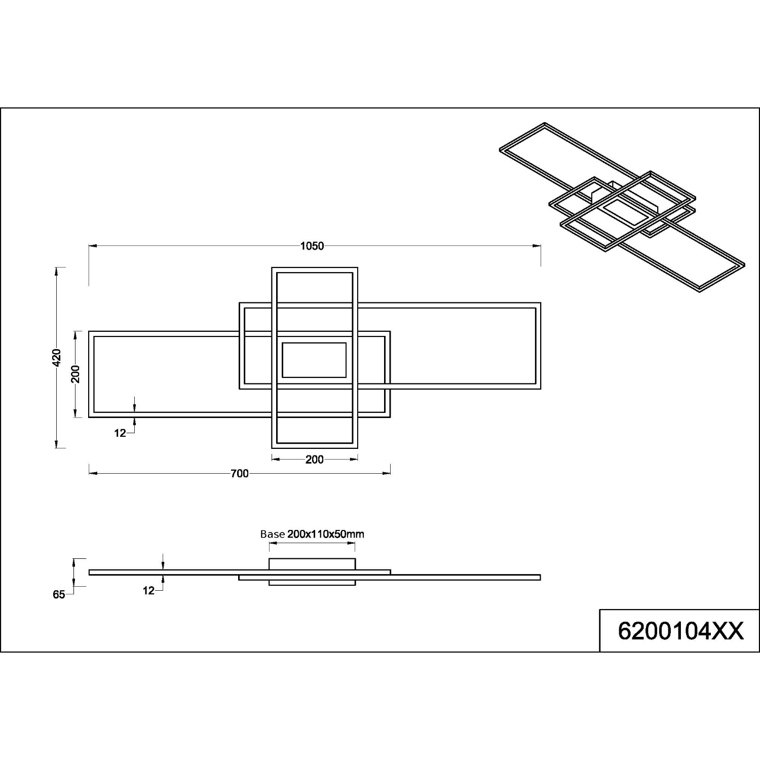 Disegno tecnico di un'apparecchio di illuminazione rettangolare con dimensioni.