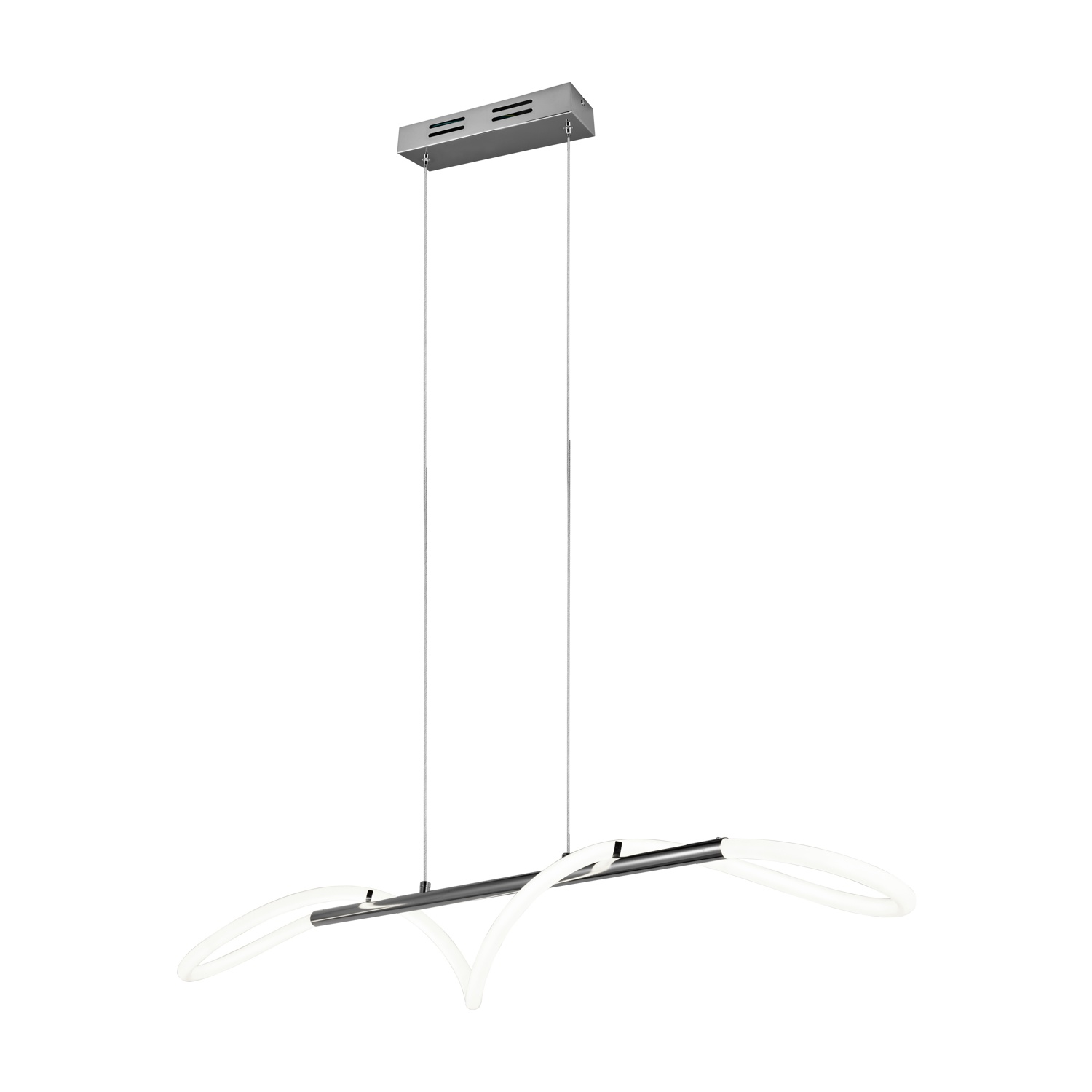 Lampada a sospensione moderna con luce bianca curva e barra cromata.