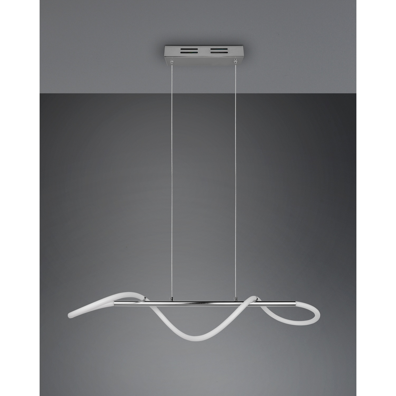 Lampada a sospensione moderna con luce bianca ad anello e barra cromata.