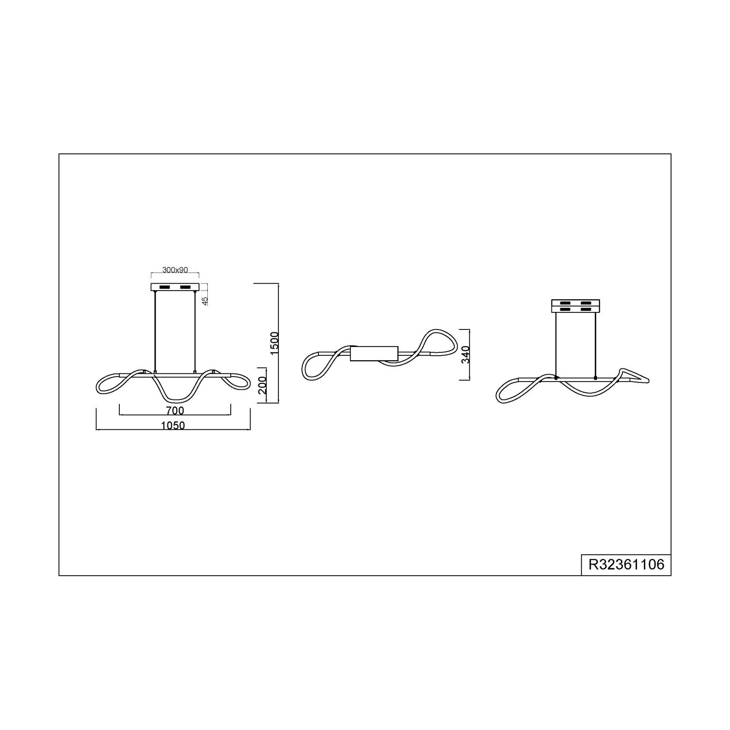 Disegno tecnico di una lampada in stile moderno, che mostra dimensioni e dettagli.