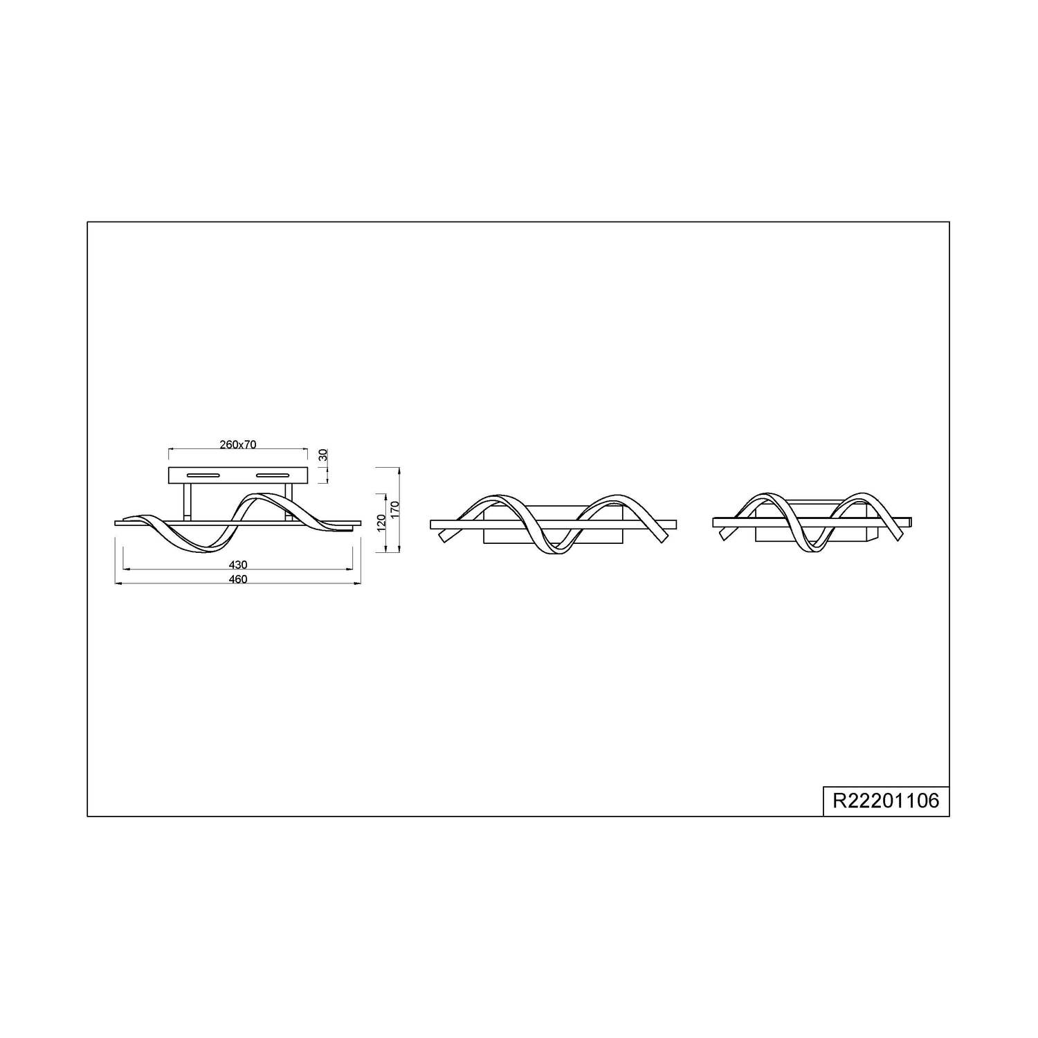 Disegno tecnico di tre apparecchi di illuminazione con dimensioni.