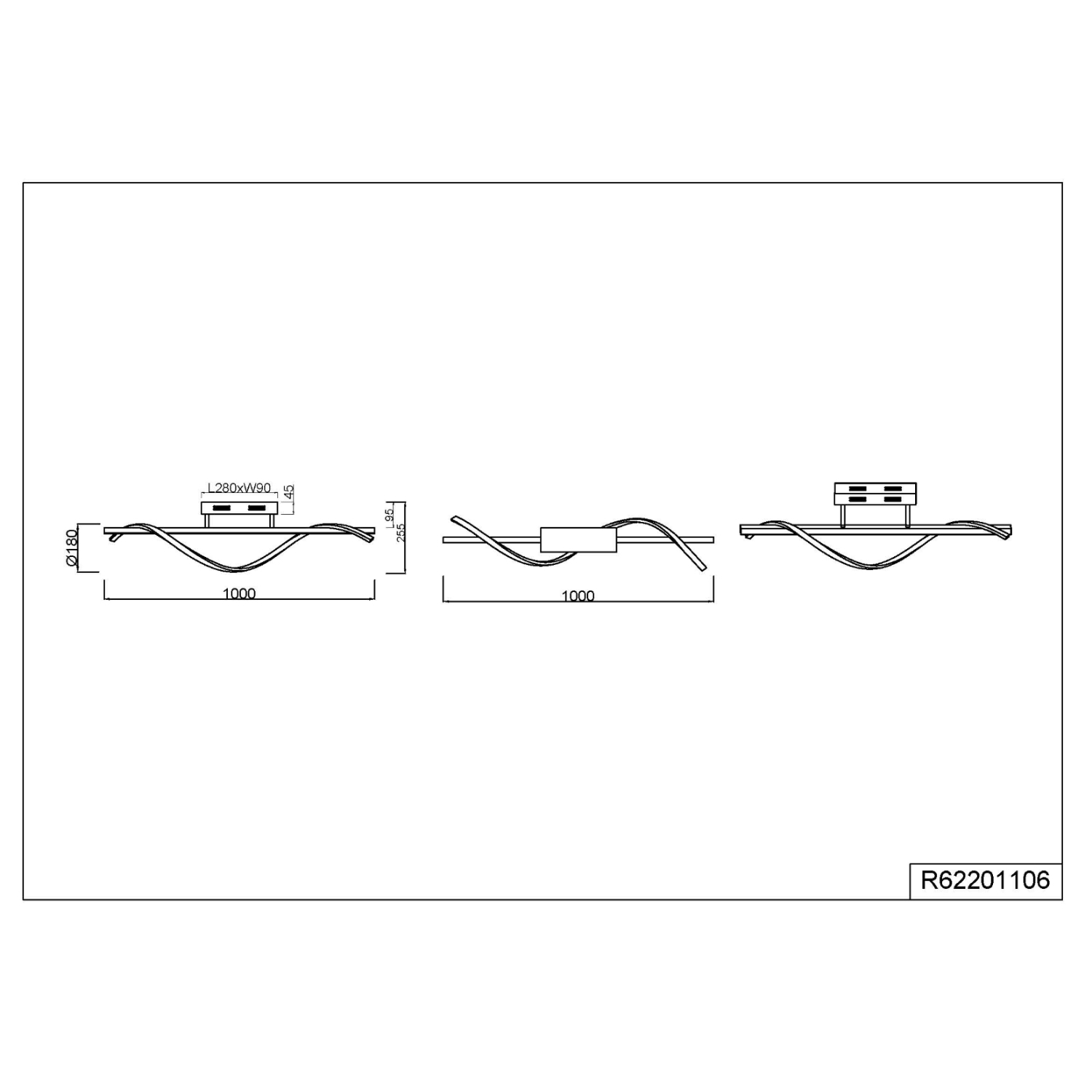 Un disegno tecnico di una plafoniera con dimensioni e misure.