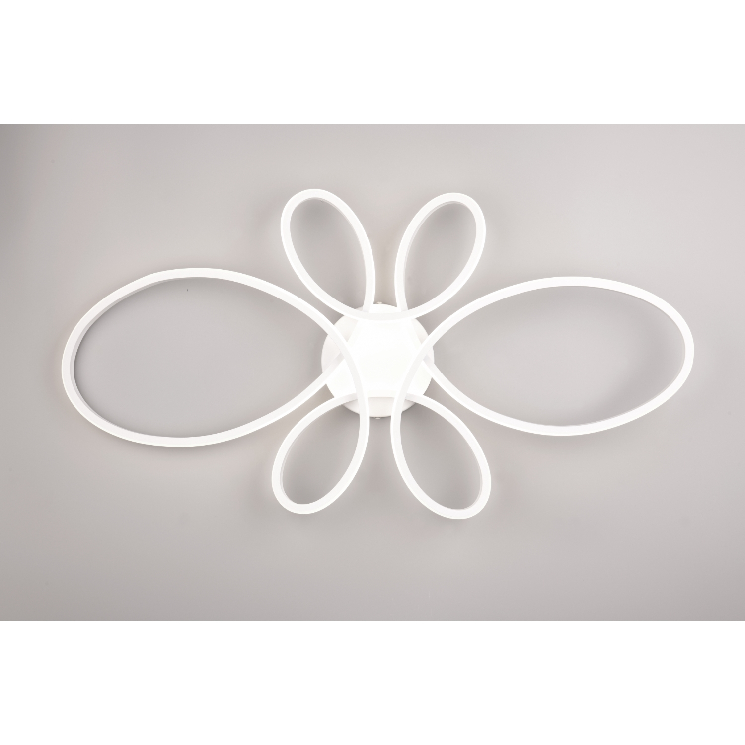 Un apparecchio di illuminazione a soffitto bianco con un design a forma di fiore.