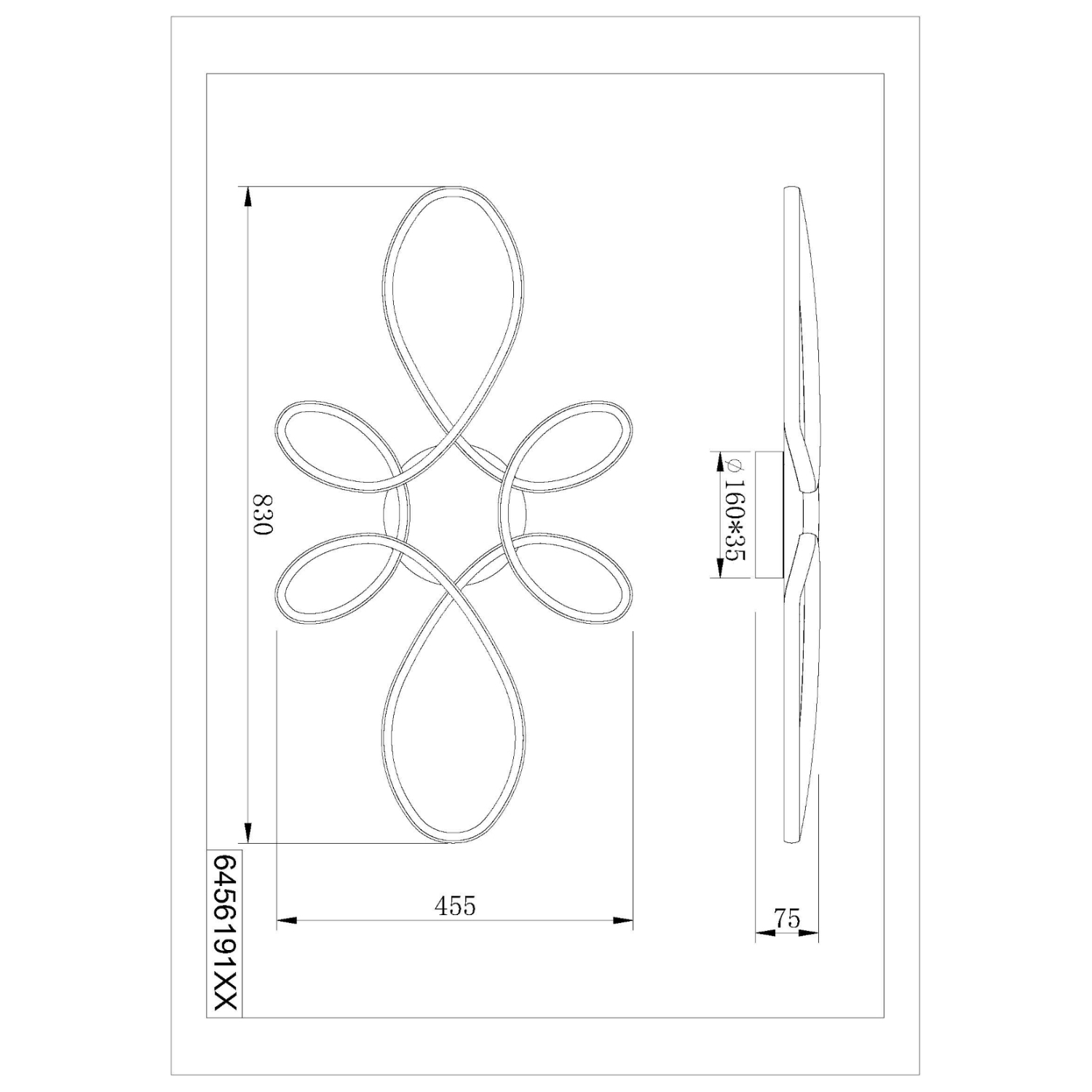 Disegno tecnico di un'apparecchio di illuminazione decorativo. Ha un design floreale, con dimensioni ed etichette.