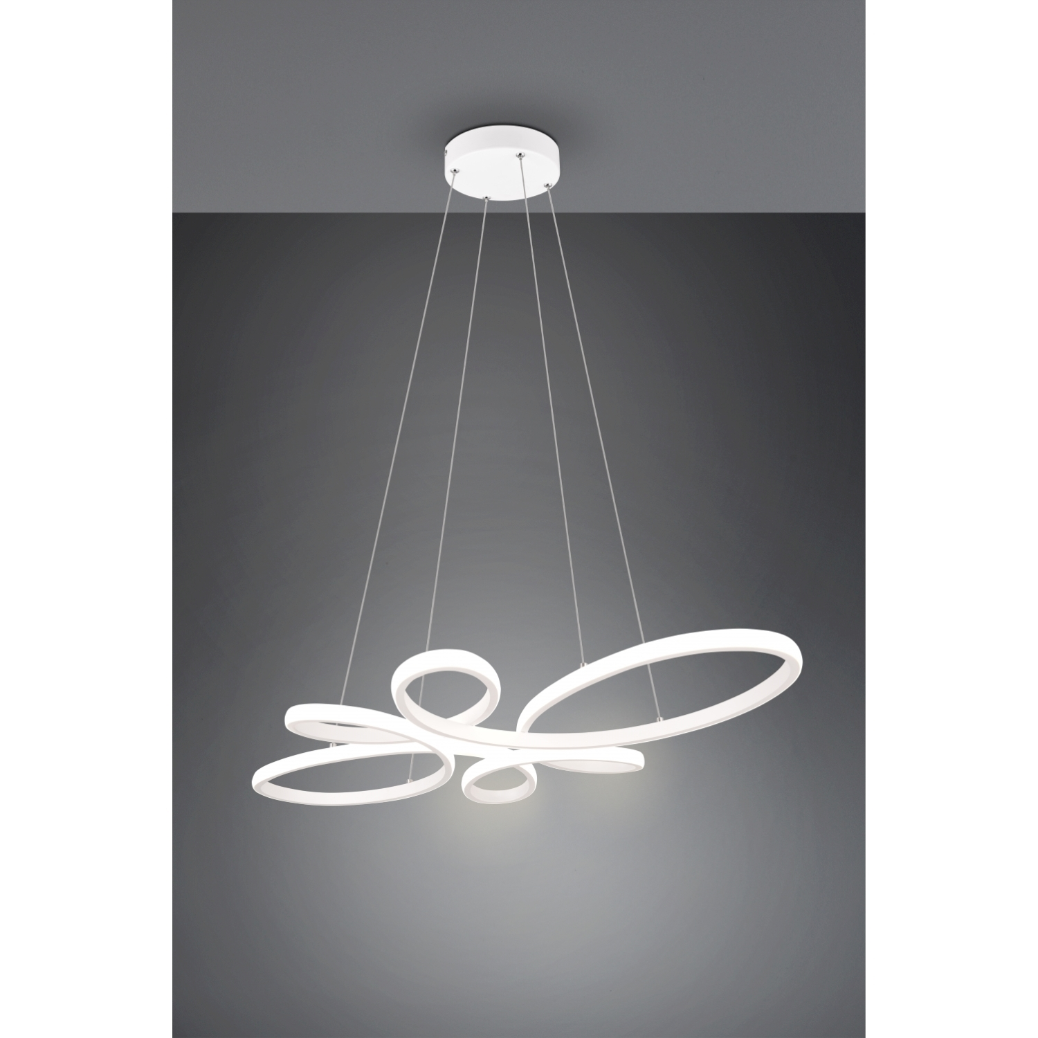 Lampada a sospensione con design bianco ad anello.