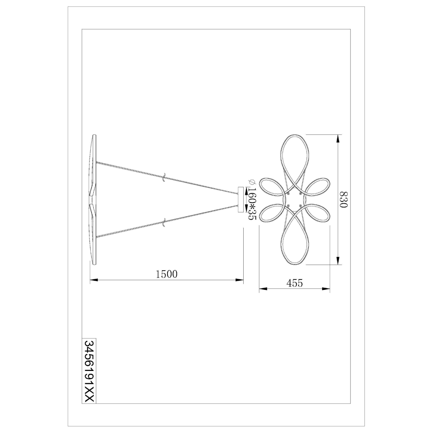Disegno tecnico con le dimensioni di una lampada.