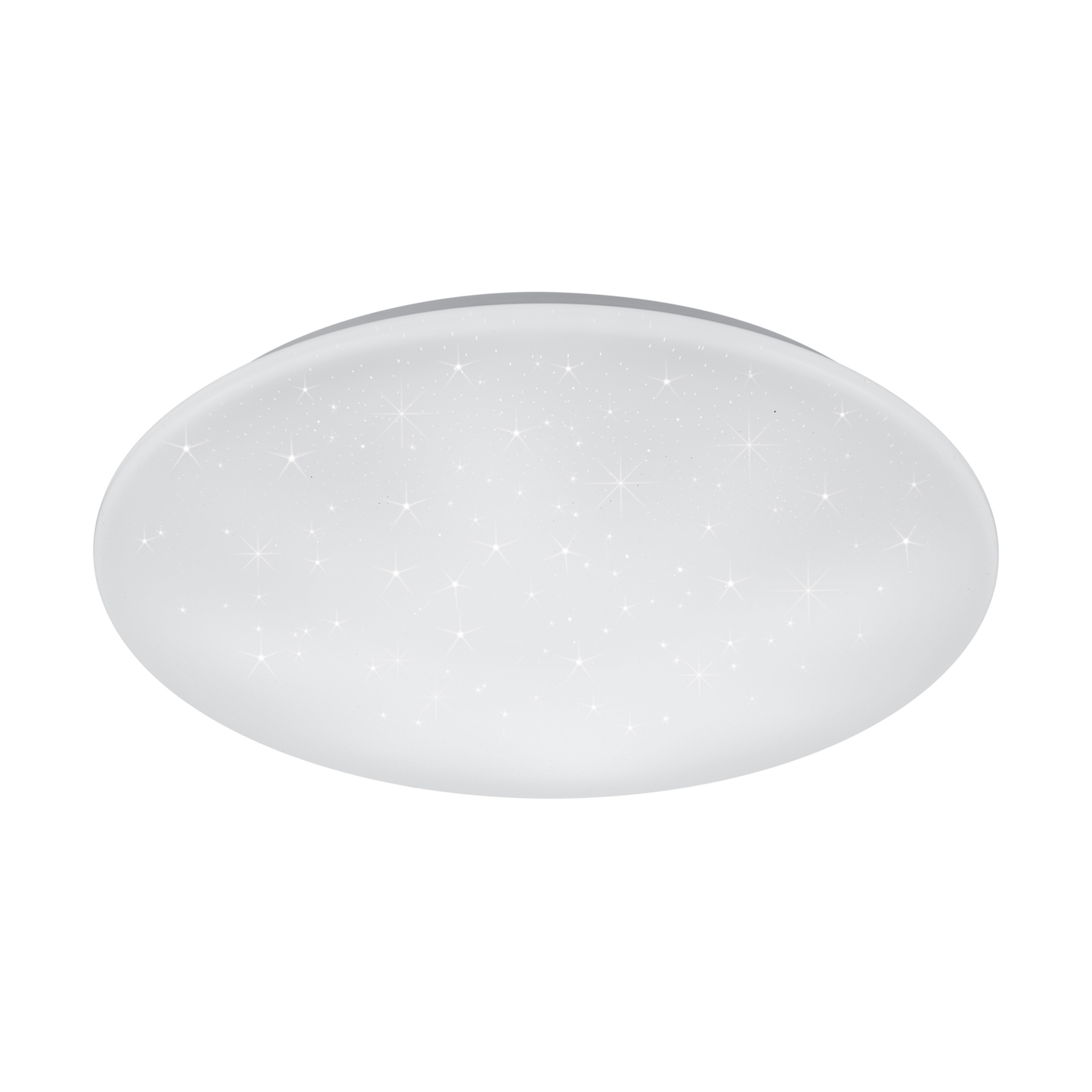 Una plafoniera rotonda, bianca con luci incorporate che sembrano stelle. La forma è ovale.