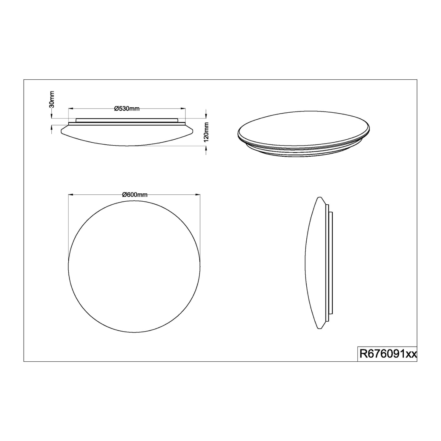 Disegno tecnico con dimensioni di un apparecchio di illuminazione a soffitto circolare.