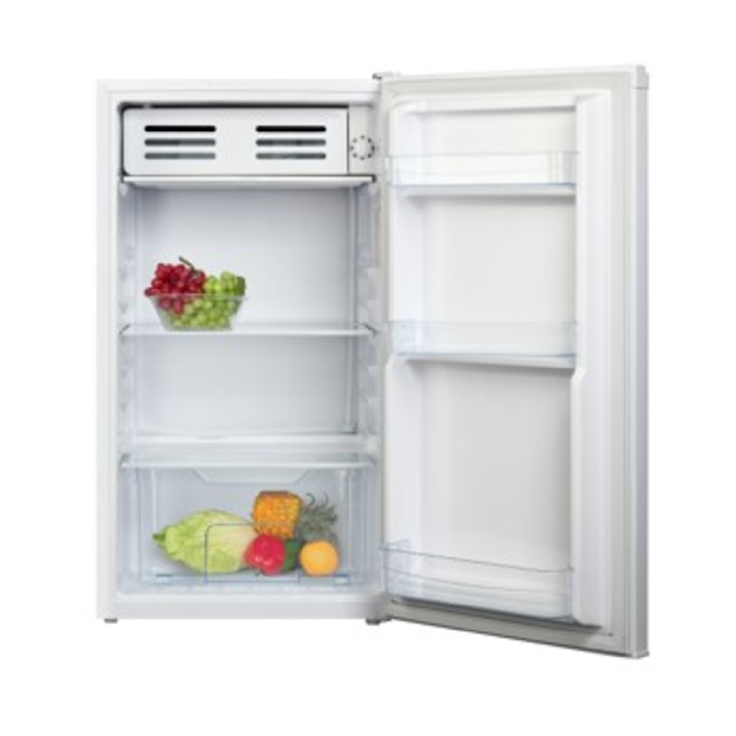Un frigorifero bianco con la porta aperta, con frutta all'interno.