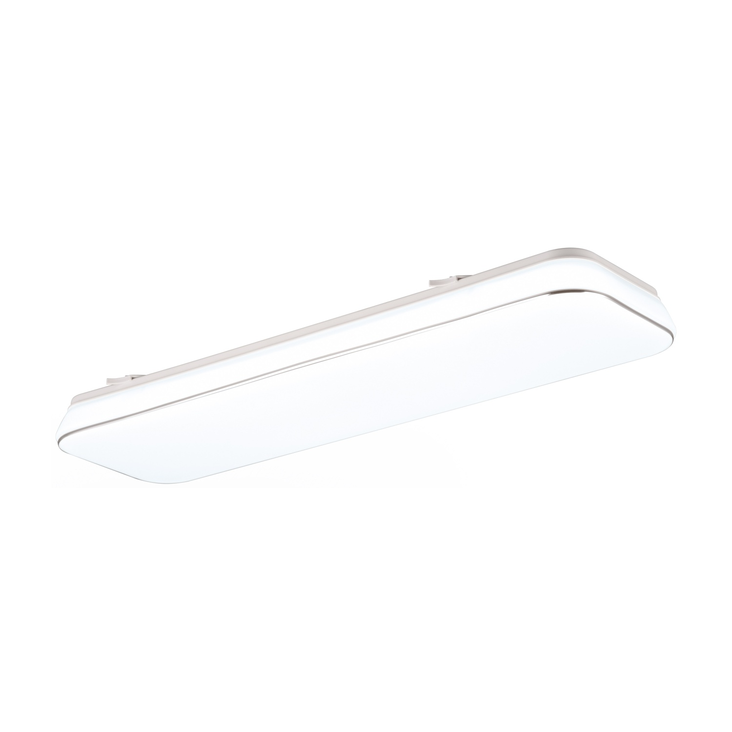 Una plafoniera a LED rettangolare e bianca è mostrata su uno sfondo bianco, offrendo un'estetica pulita e moderna.