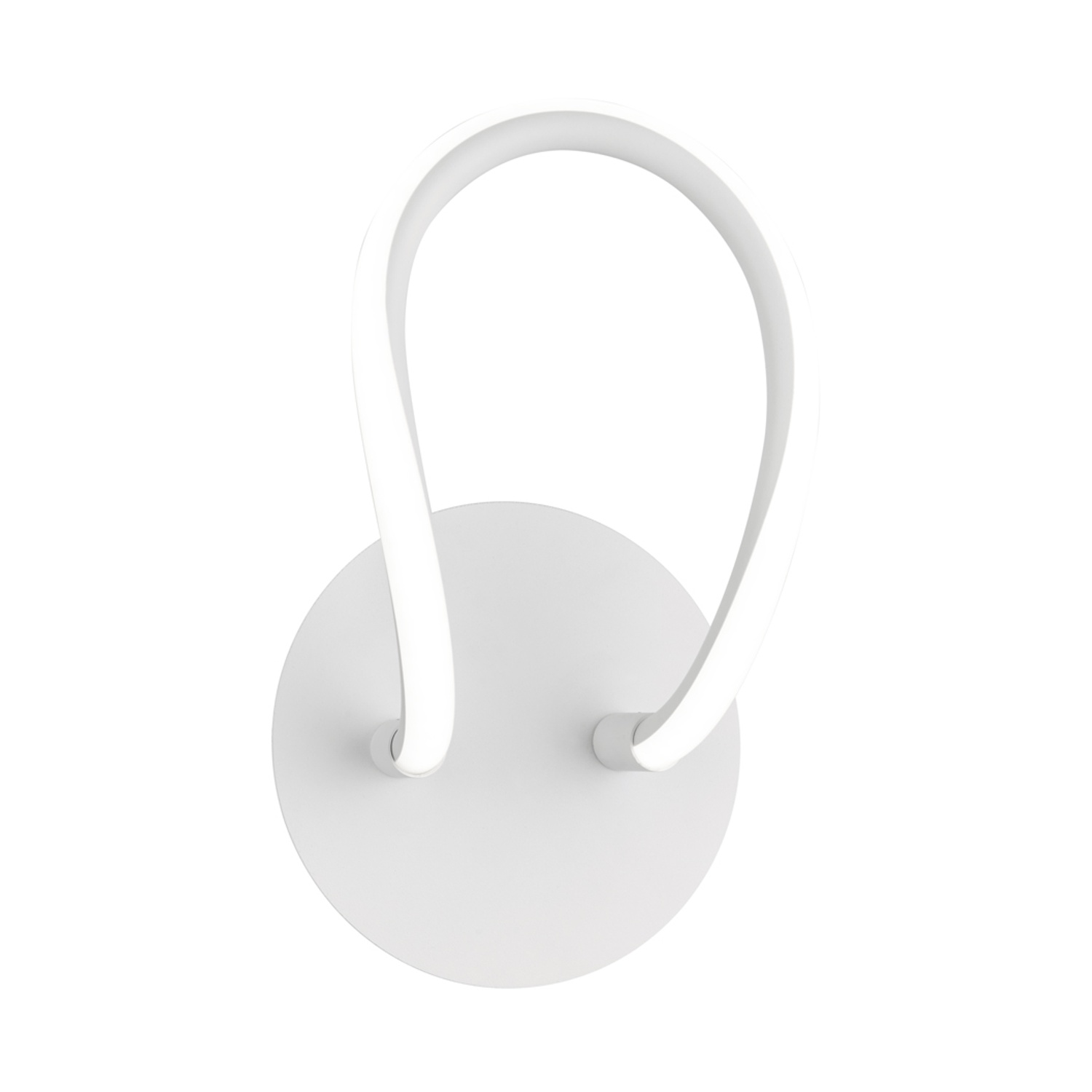 Lampada da parete bianca con base circolare e elemento luminoso a forma di U.