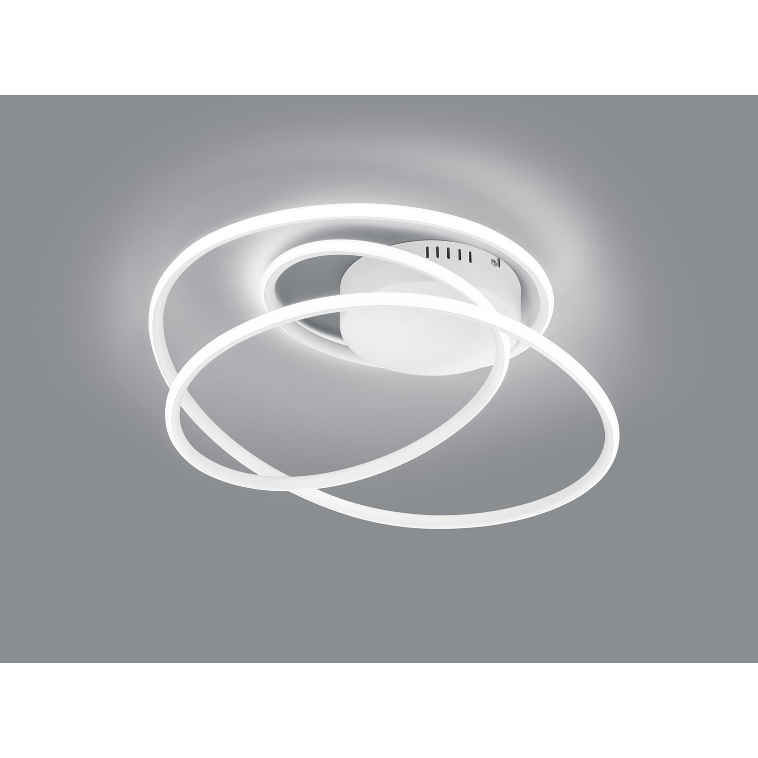 Lampada da soffitto bianca e moderna con un design circolare e una sorgente luminosa centrale.