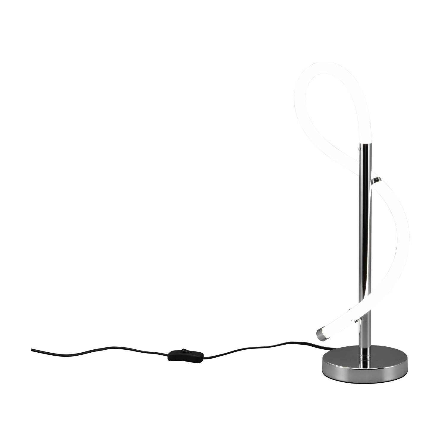 Lampada argentata moderna. Ha un elemento luminoso bianco curvo e una base cromata. La lampada è su sfondo bianco.