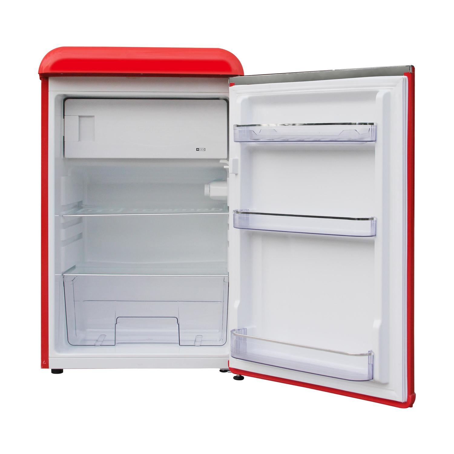 Frigorifero rosso con la porta aperta. L'interno è bianco.