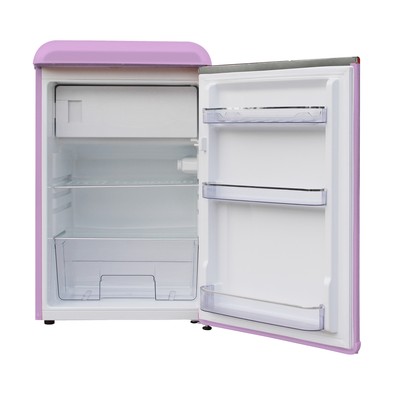 Frigorifero retrò rosa con porta aperta. Interno con ripiani, cassetto e ripiani porta.