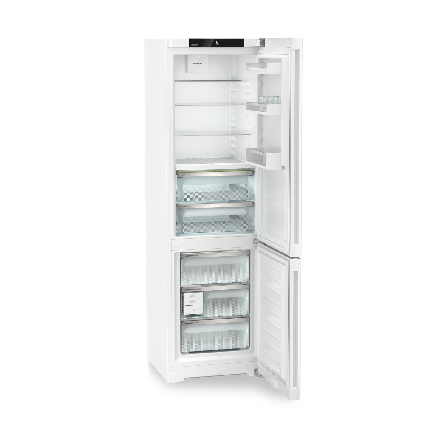 Frigorifero bianco, porta aperta, ripiani visibili.
