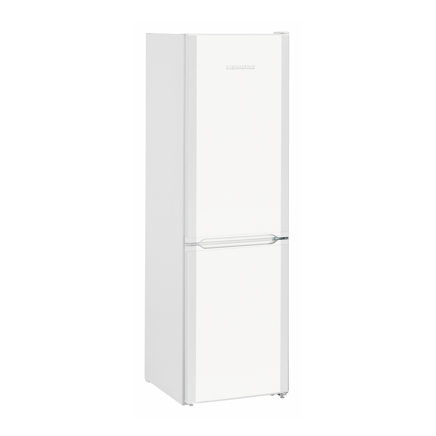 Un frigorifero bianco a due porte su uno sfondo semplice.