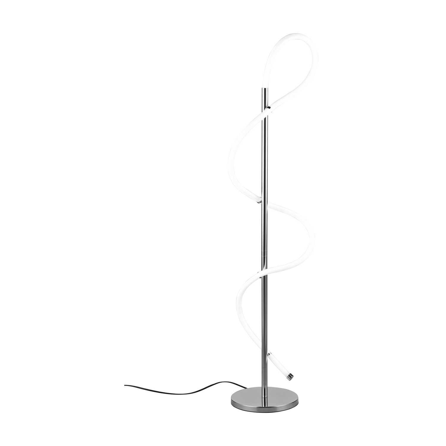 Lampada da terra bianca a spirale, su supporto argentato, con cavo di alimentazione visibile.