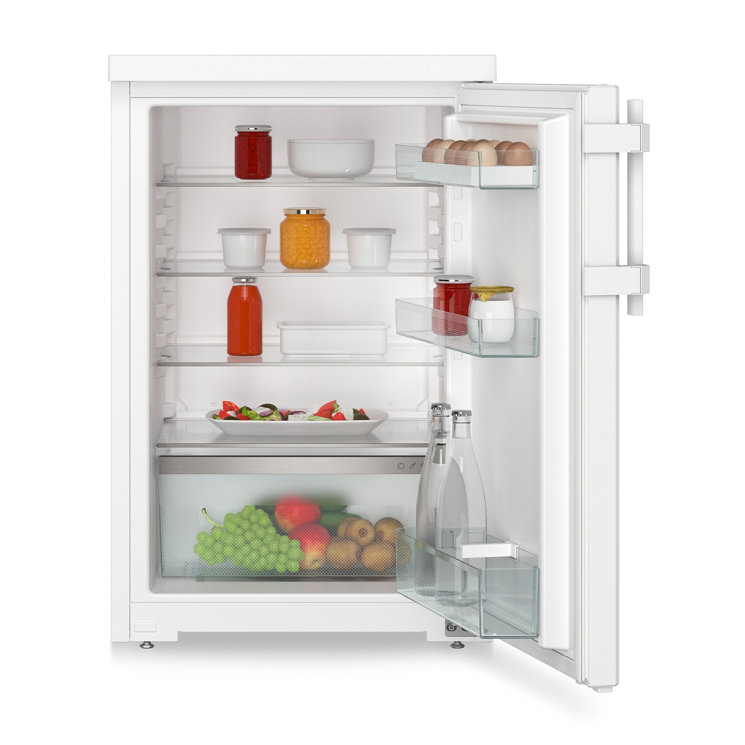 Frigorifero bianco con porta aperta, pieno di generi alimentari.