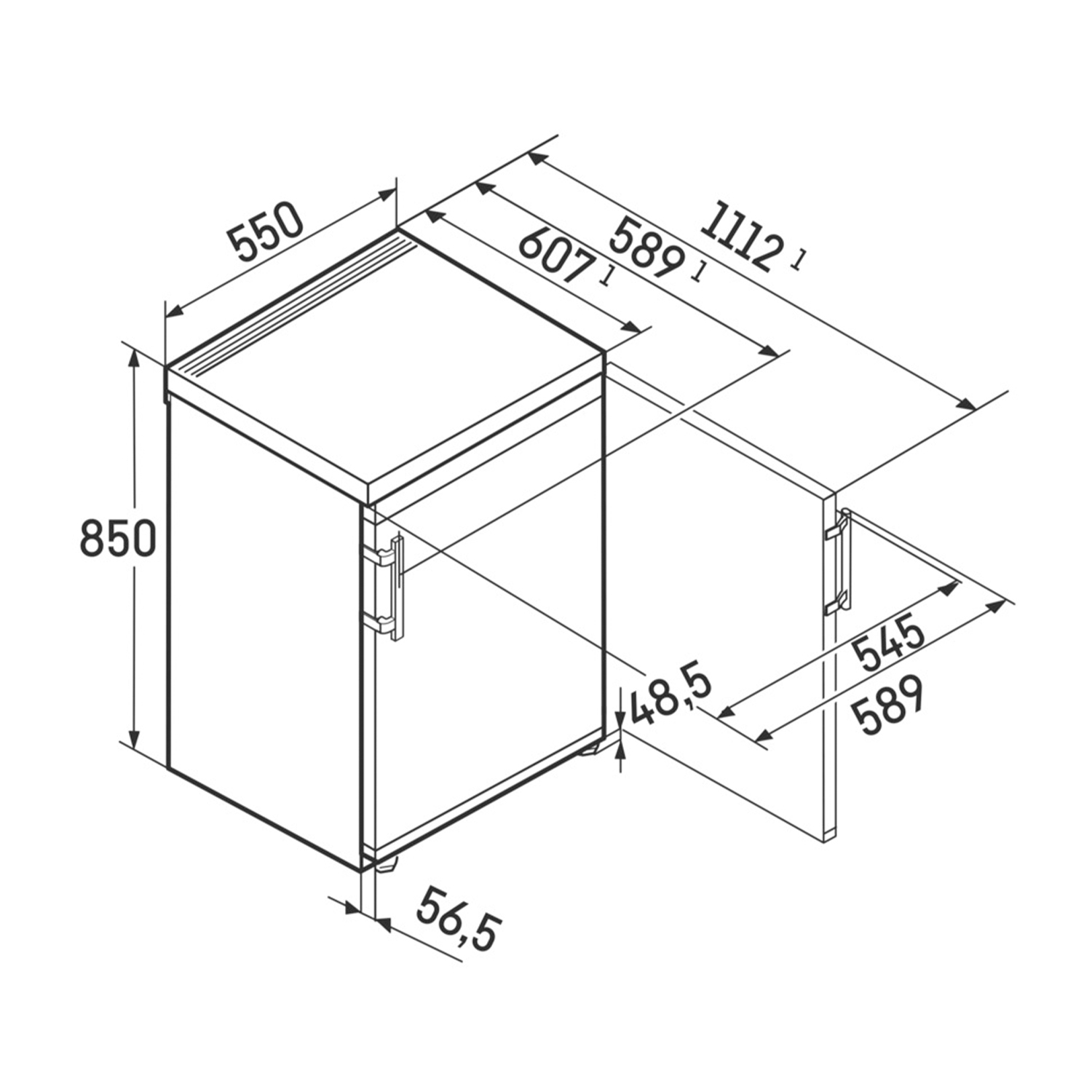 Diagramma di un frigorifero con dimensioni e misure espresse in mm.