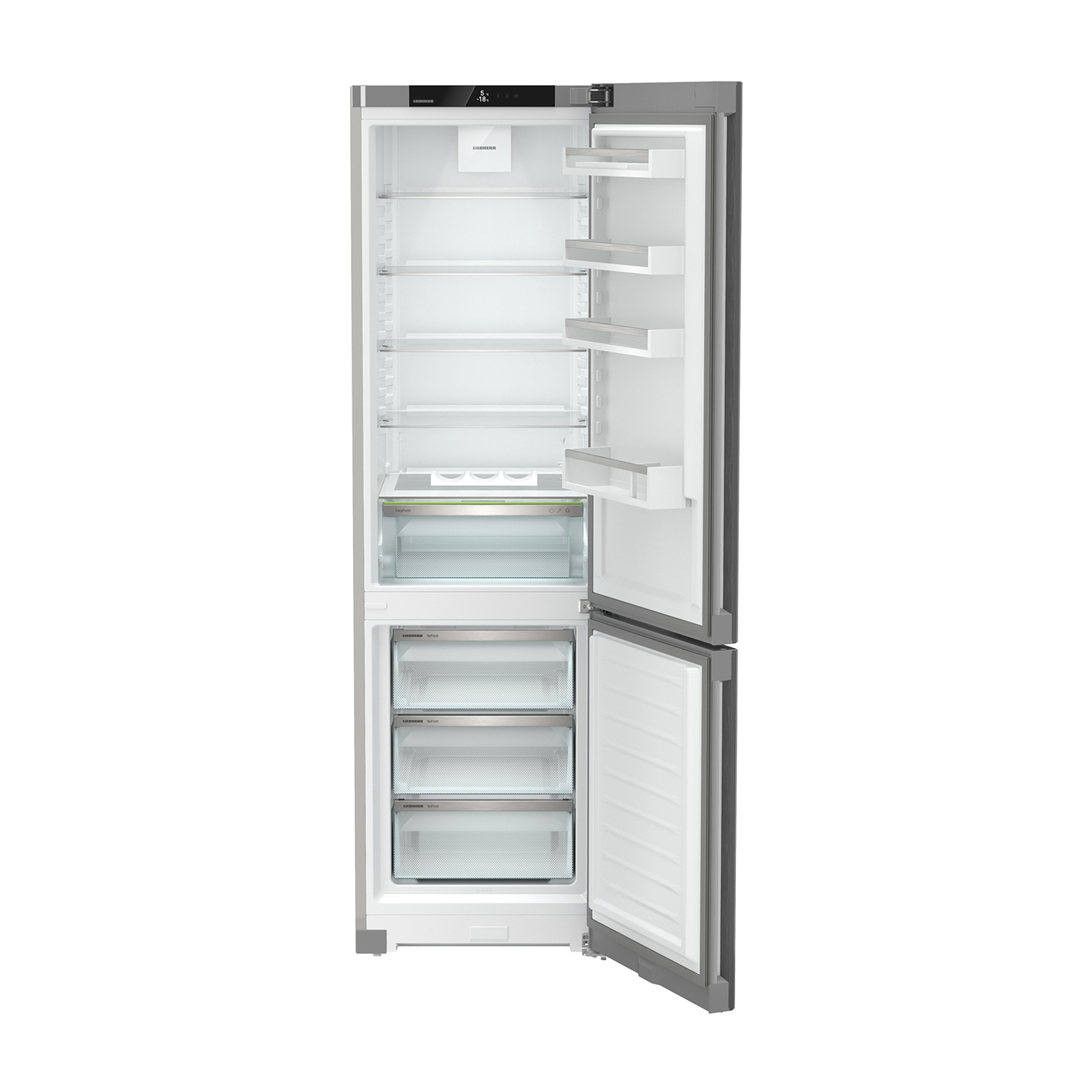 Frigorifero Liebherr argentato con le porte aperte, che mostra ripiani e cassetti.