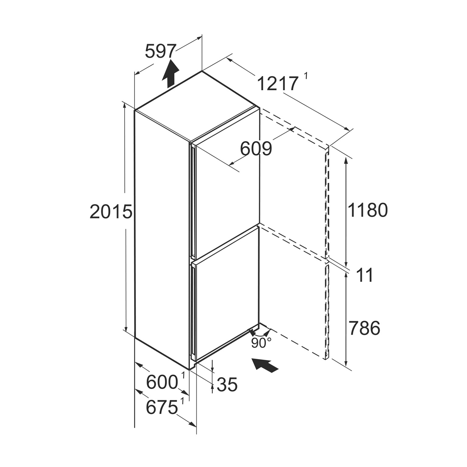 Diagramma isometrico di un frigorifero con dimensioni.