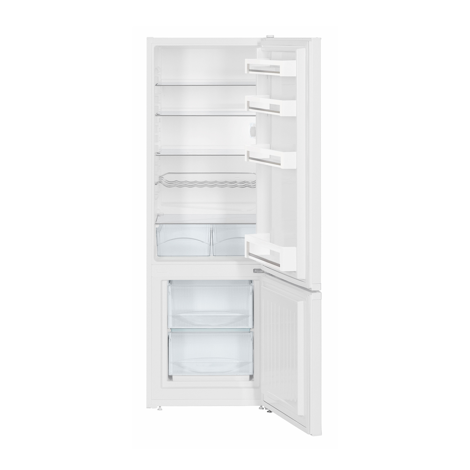 Frigorifero bianco con ante aperte, che mostra ripiani, cassetti e un interno trasparente.
