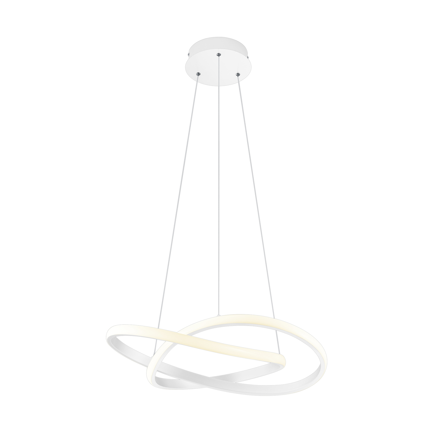 Lampada a sospensione a LED bianca con due anelli intersecanti, appesa al soffitto.