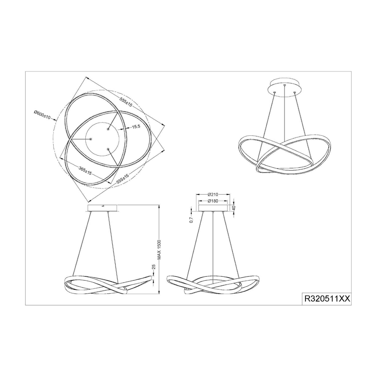 Disegni tecnici di un lampada a sospensione, che mostrano dimensioni e dettagli di design.