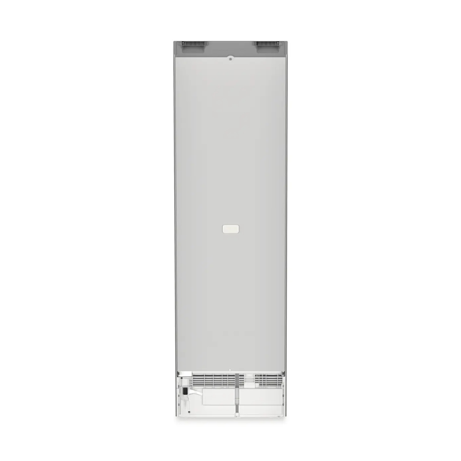 Un frigorifero alto e bianco. Design semplice con maniglia e prese d'aria in alto e in basso.